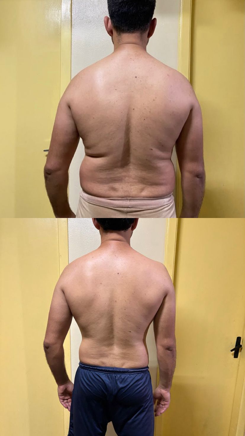 Comparação antes e depois de um aluno, de costas