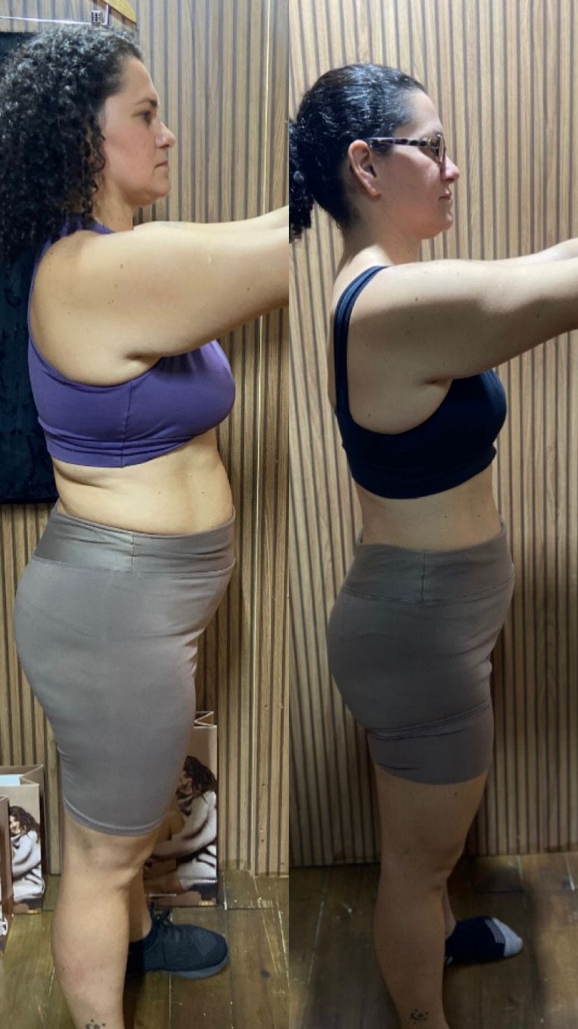 Comparação antes e depois de uma aluna, de perfil